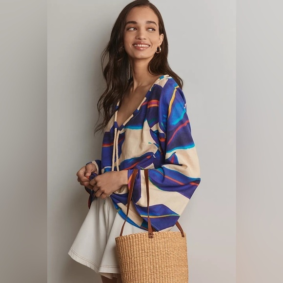 FARM Rio Tops - Farm Rio Long-Sleeve Rope-Tie Blouse 💙